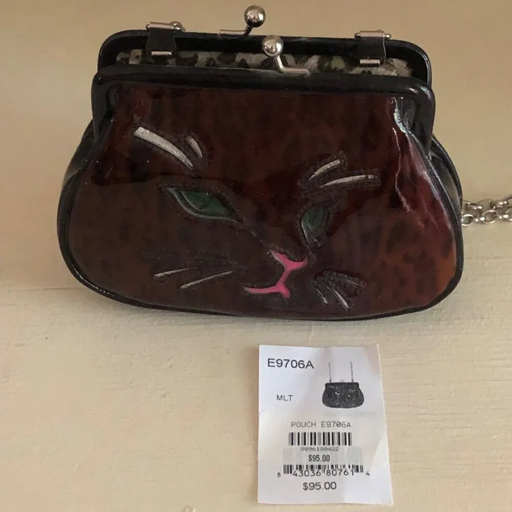 Brighton Cat Kisslock Coin Handbag Patent Small Leopard Print Purse - Picture 8 of 12